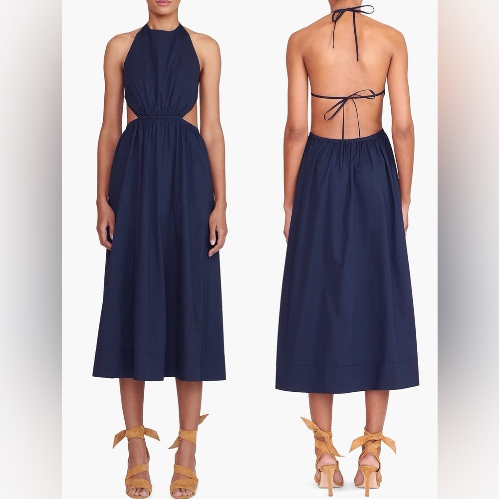 NEW Staud Vanessa Cut-out Maxi Back Tie Halter Dress in navy blue Size L